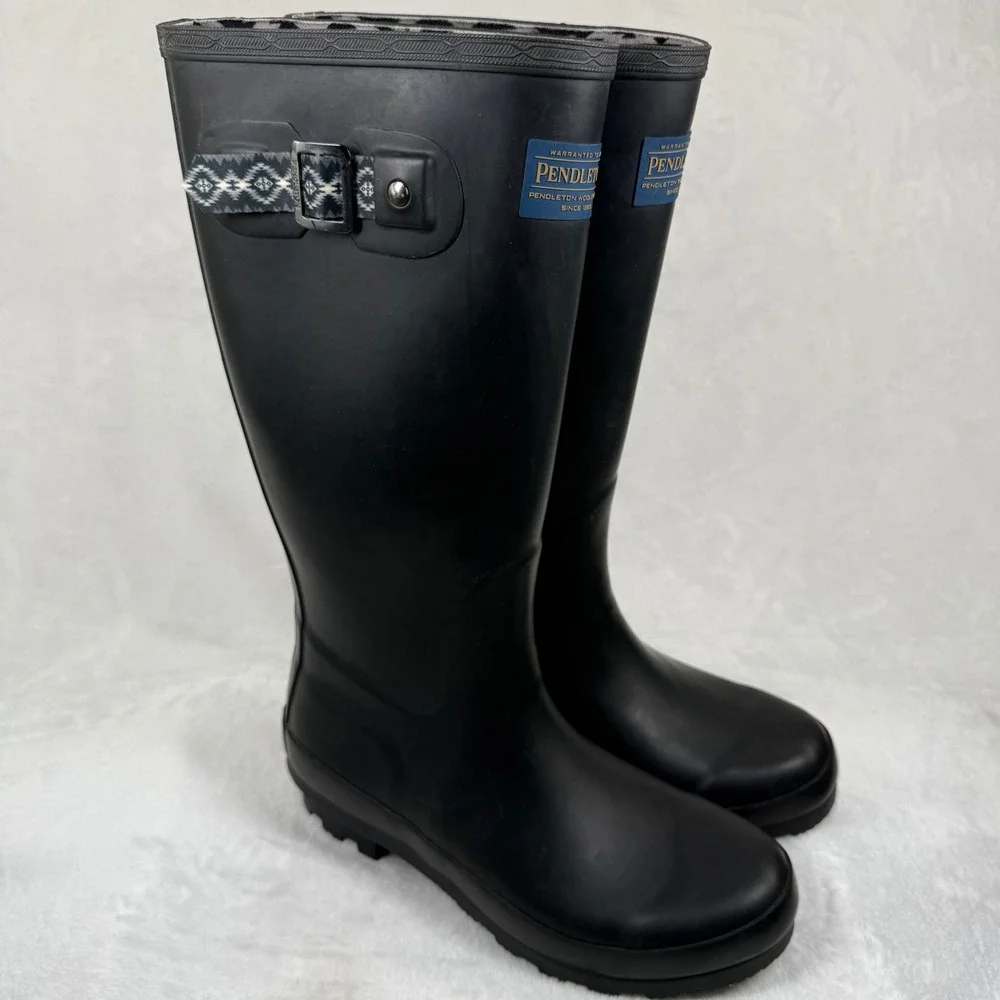 Pendleton Black Rubber Tall Rain‎ Boots Womens Size 7 Southwestern Lining Buckle